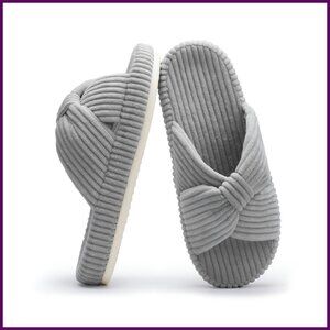 Memory Foam Slippers Women Corduroy Bow Crossbands Comfy House Shoes